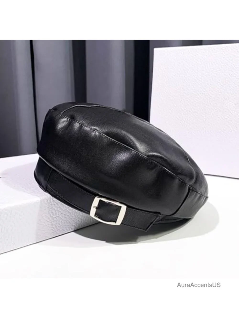 PU Leather Beret Hat Solid Color French Slouchy Tam Cap